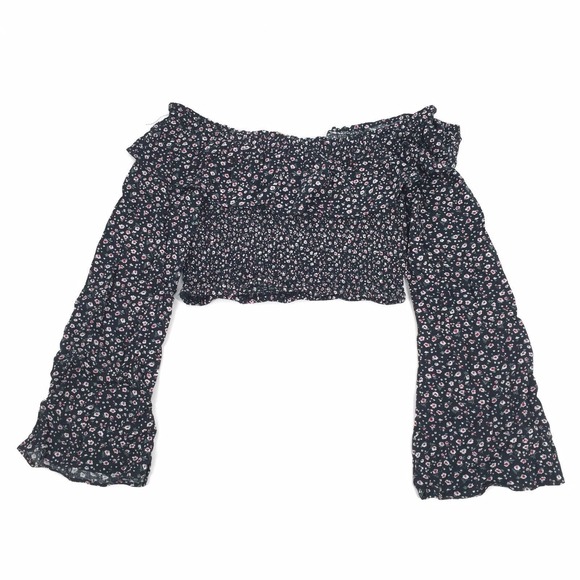 La Hearts Tops - LA Hearts Off The Shoulders Floral Print Cropped Top Bell Sleeve Large Black L